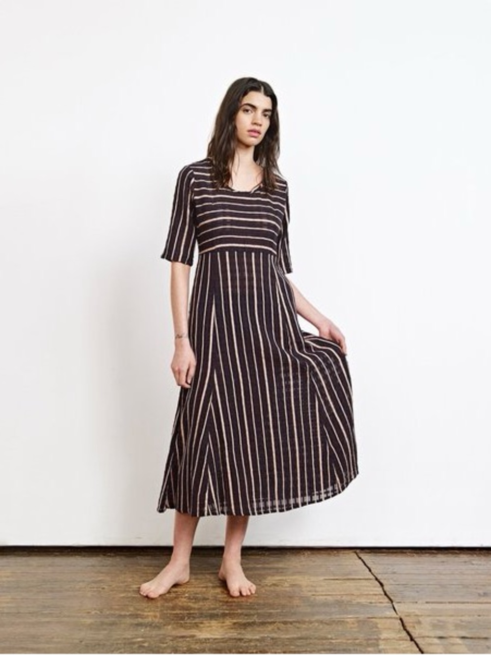 Ace & Jig Rowan Spellbound Black & Cream Striped Textured Midi Dress M